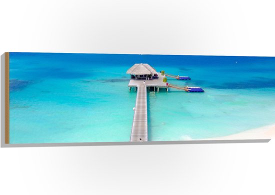 Hout - Stijger met Huisje op Zee en helder Blauw Water - Malediven - 120x40 cm - 9 mm dik - Foto op Hout (Met Ophangsysteem)
