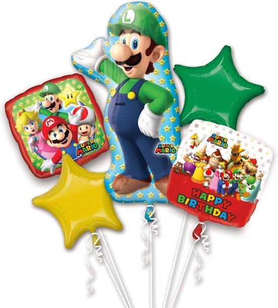 Super Mario - Luigi - Happy Birthday - Helium Ballonnen Set - 5 Delig leeg - Ballon - Versiering - Verjaardag - Kinderfeest - Zonder vulling.