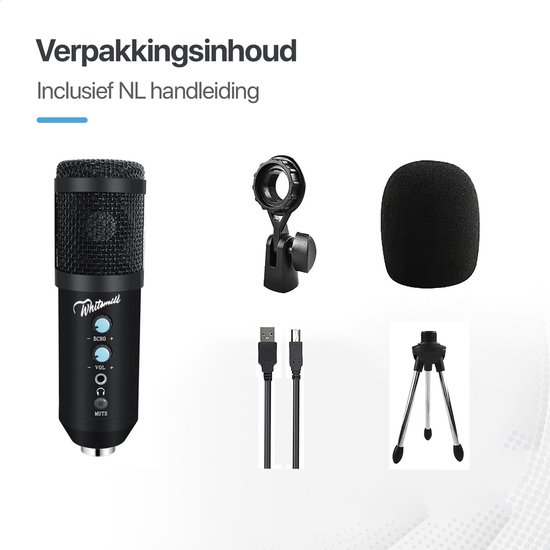 Whitemill Condensator microfoon met Tripod - USB - Gaming - Podcast - PC - Met popkap en ruisfilter - Zwart — afbeelding 4