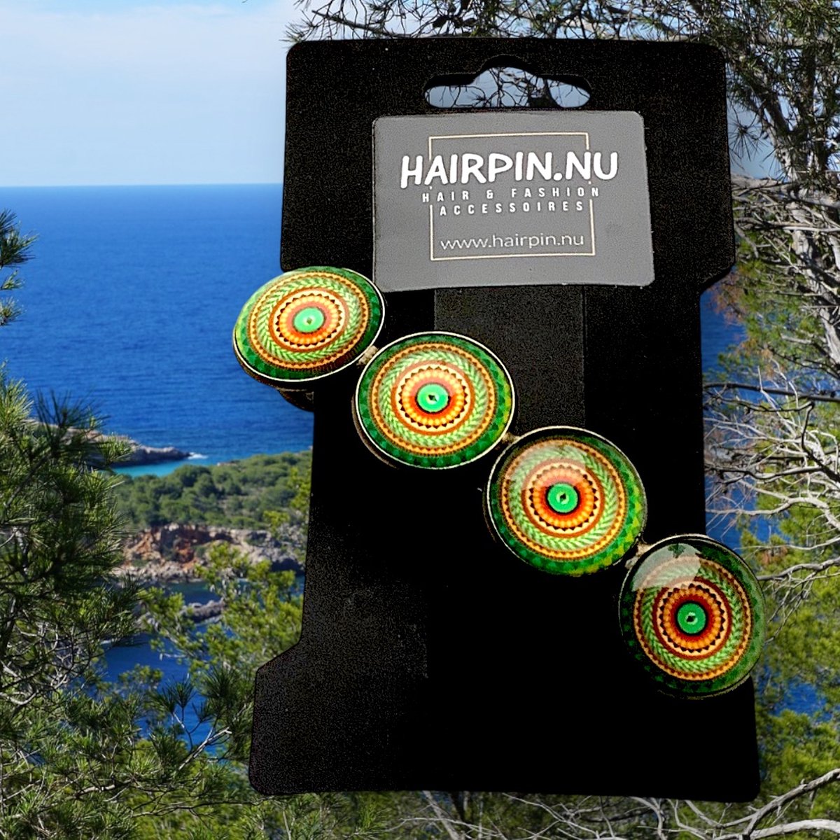 Hairpin.nu-Hairclip-glas cabochon-haarspeld-mandala-bohemian-ibiza-boho-groen-oranje-print