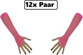 12x Paar Nethandschoen vingerloos lang fluor roze - Thema feest festival party fun net handschoenen