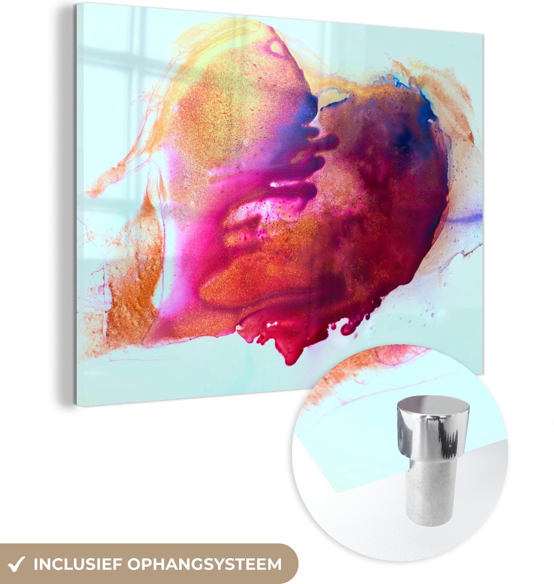 ® Glasschilderij 80x60 cm - Schilderij acrylglas - Waterverf - Hart - Abstract - Foto op glas - Muurdecoratie woonkamer - Wanddecoratie slaapkamer - Schilderijen