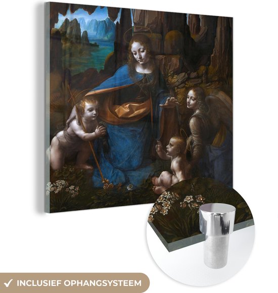 MuchoWow® Glasschilderij 90x90 cm - Schilderij acrylglas - Maagd op de rotsen - Leonardo da Vinci - Foto op glas - Schilderijen