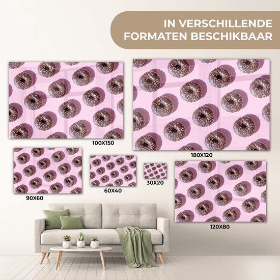 MuchoWow® Peinture sur verre 120x80 cm - Peinture sur verre acrylique - Beignets au chocolat sur fond rose - Photo sur verre - Peintures