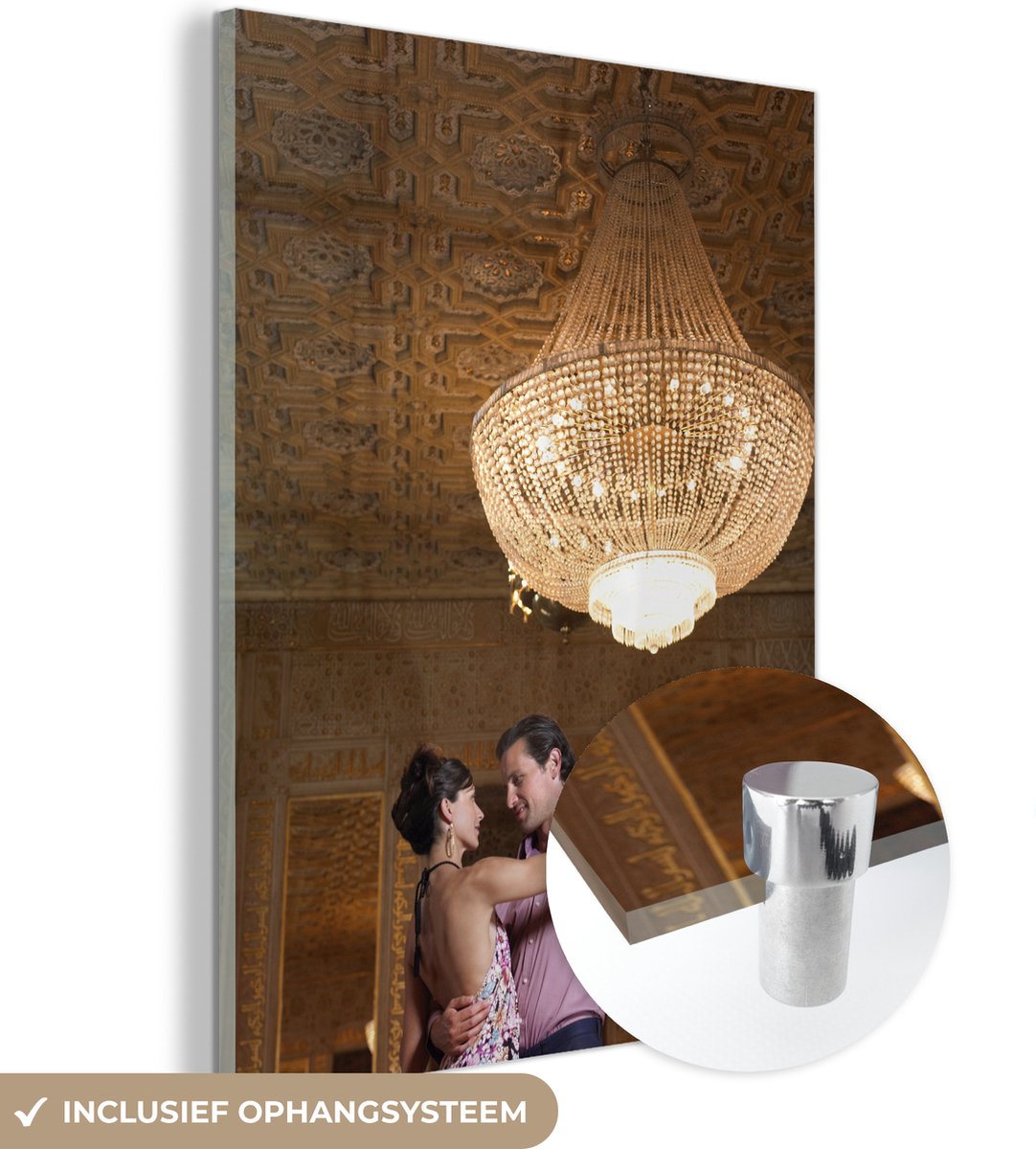 ® Glasschilderij 60x80 cm - Schilderij acrylglas - Koppel danst wals onder kroonluchter - 