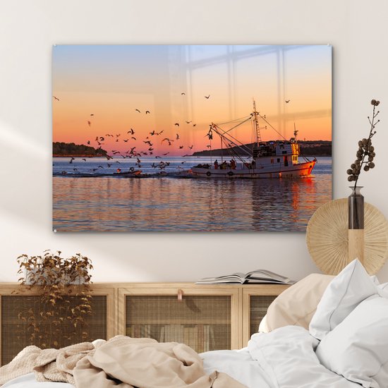 MuchoWow® Peinture sur verre 90x60 cm - Peinture acrylique sur verre - Bateau de pêche au coucher du soleil - Photo sur verre - Peintures