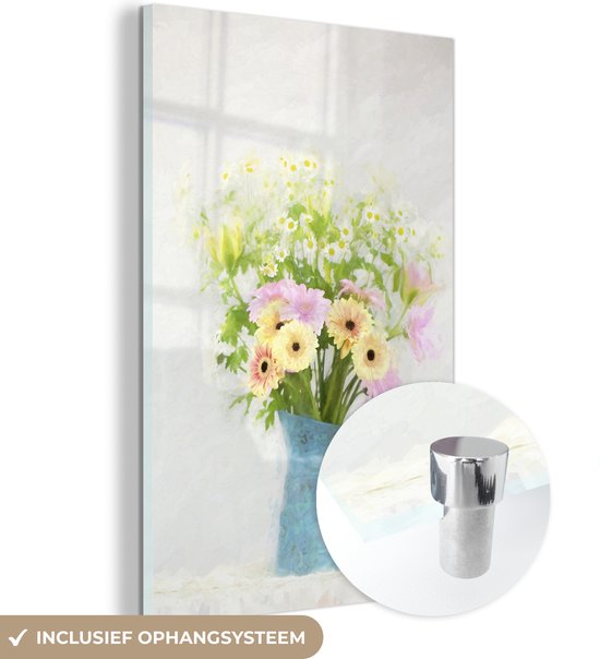 MuchoWow® Glasschilderij 60x90 cm - Schilderij acrylglas - Geschilderd boeket bloemen in kan - Foto op glas - Schilderijen