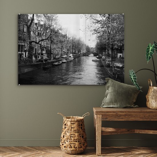 Peinture sur Verre - Canal d'Amsterdam - Zwart - Wit - 120x80 cm - Peintures sur Verre Peintures - Photo sur Glas