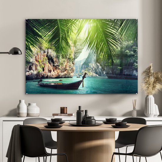 Palmiers dans l'océan tropical sur Glas 90x60 cm - Tirage photo sur Glas (décoration murale plexiglas) / Mer et plage