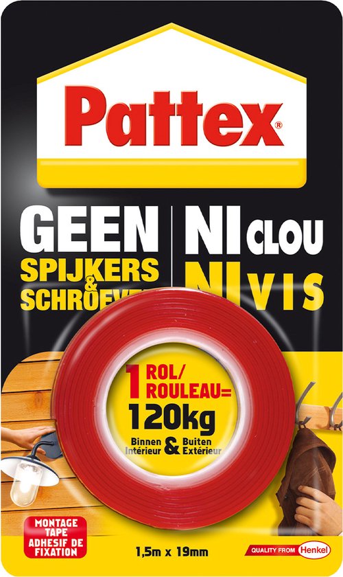 Pattex Geen Spijkers & Schroeven 120kg | Binnen & Buiten Oplossingen Montagetape | Montagetape 1,5 m Verpakking. - Pattex