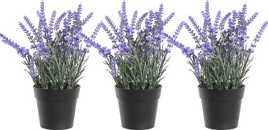 Items Lavendel bloemen kunstplant in bloempot - 3x - paarse bloemen - 15 x 27 cm - bloemstukje