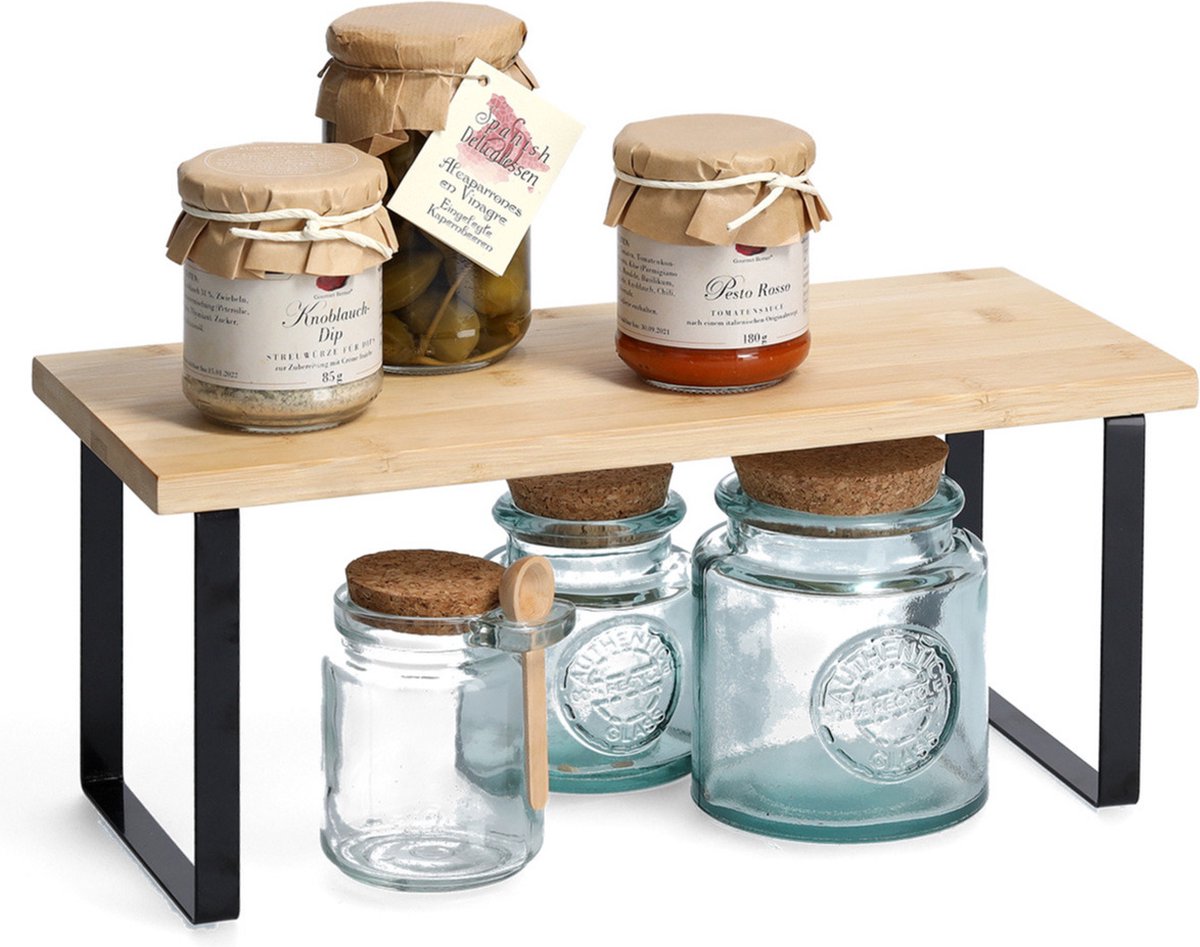 Zeller keukenrek/opbergrek/aanrecht organizer - zwart - 36 x 16 x 16 cm - metaal/bamboe hout