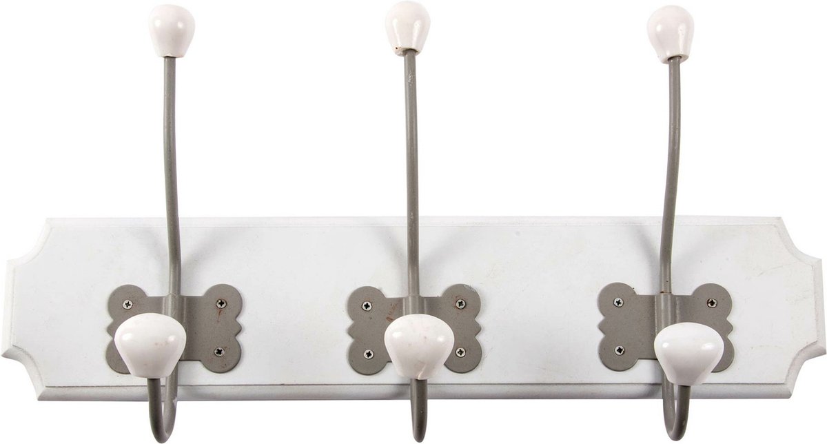 Items Kapstok rek voor wand/muur - wit - 3x dubbele ophanghaken - Hout/metaal - 40 x 21 cm