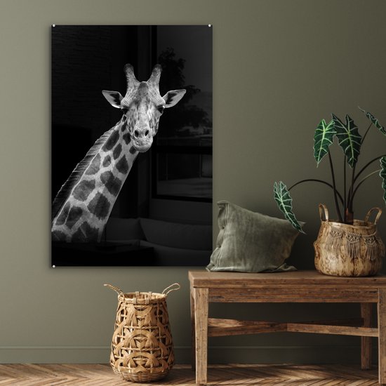MuchoWow - Peinture sur verre - Girafe - Zwart - Wit - Photo sur verre - Verre acrylique - Décoration murale - 80x120 cm - Salon - Décoration murale animaux - Décoration maison