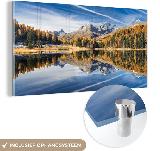 MuchoWow® Glasschilderij 80x40 cm - Schilderij acrylglas - Alpen - Bergen - Bos - Foto op glas - Schilderijen