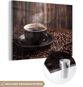 MuchoWow® Glasschilderij 40x30 cm - Schilderij acrylglas - Koffie - Heet - Koffiebonen - Foto op glas - Schilderijen