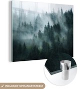 MuchoWow® Glasschilderij 120x90 cm - Schilderij acrylglas - Mist - Bomen - Bos - Foto op glas - Schilderijen