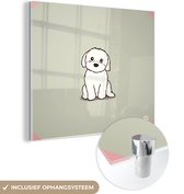 MuchoWow® Glasschilderij 20x20 cm - Schilderij acrylglas - Een illustratie van een witte puppy - Foto op glas - Schilderijen