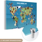 MuchoWow® Glasschilderij 90x60 cm - Schilderij acrylglas - Een cartoon illustratie van een wereldkaart met dieren - Foto op glas - Schilderijen