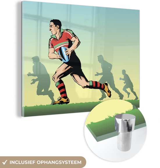 MuchoWow® Glasschilderij 80x60 cm - Schilderij acrylglas - Een illustratie van het spelen van rugby - Foto op glas - Schilderijen
