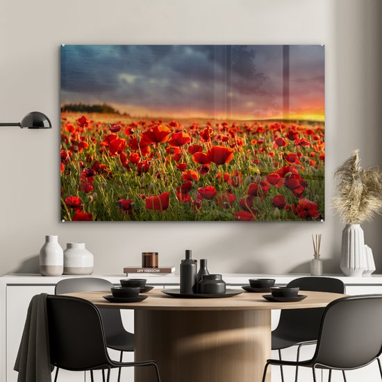 Peinture sur Verre - Coucher de Soleil dans un Champ de Coquelicots - 120x80 cm - Peintures sur Verre Peintures - Photo sur Glas