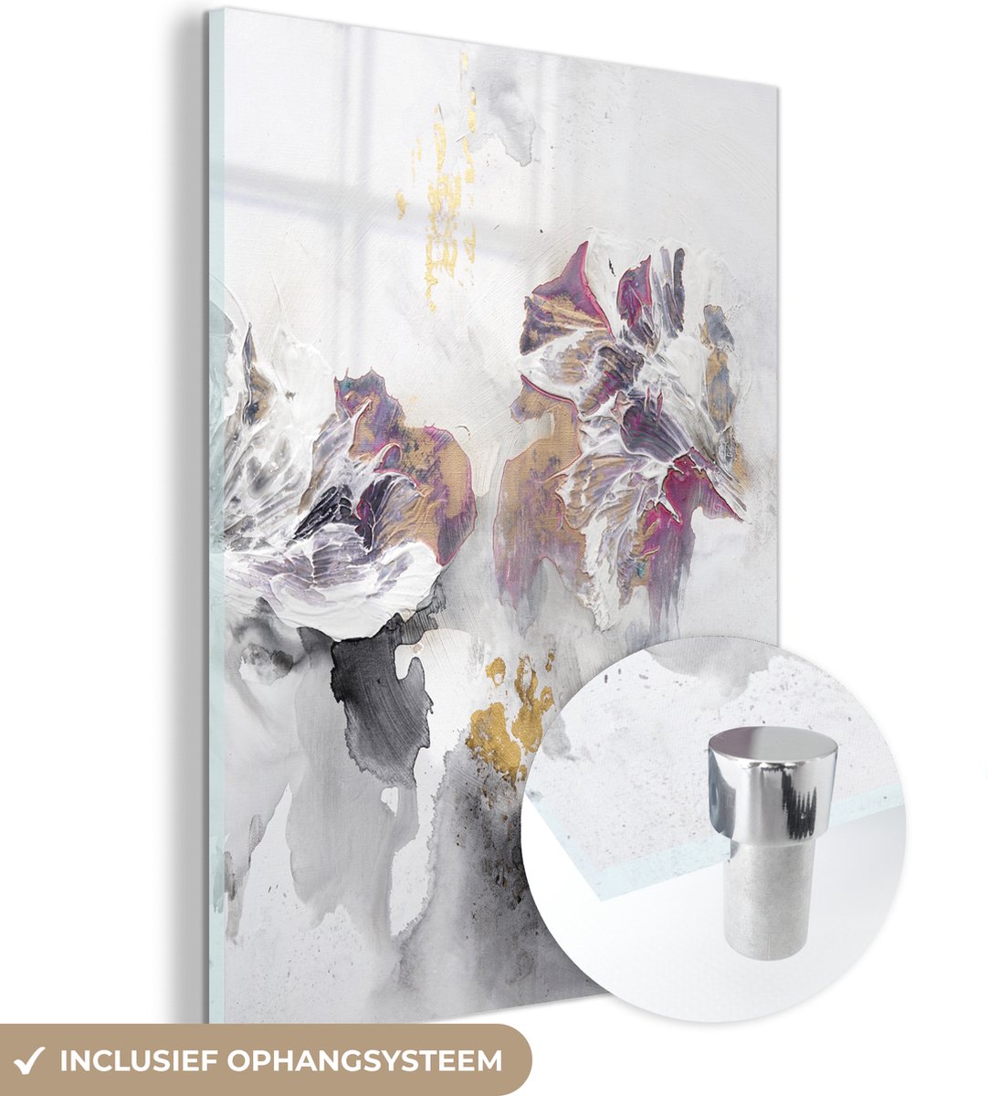 MuchoWow® Glasschilderij 90x120 cm - Schilderij acrylglas - Verf - Kleuren - Wit - Abstrac