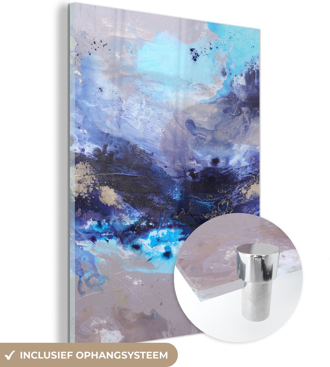 MuchoWow® Glasschilderij 30x40 cm - Schilderij acrylglas - Blauw - Grijs - Kunst - Abstrac