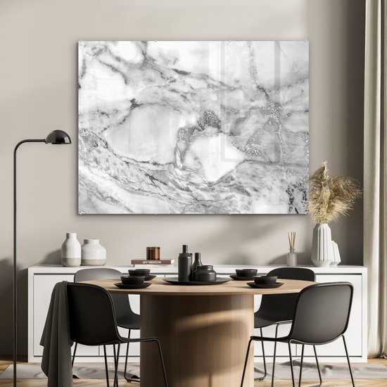 MuchoWow® Peinture sur verre 120x90 cm - Peinture sur verre acrylique - Marbre - Grijs - Wit - Structure - Photo sur verre - Peintures