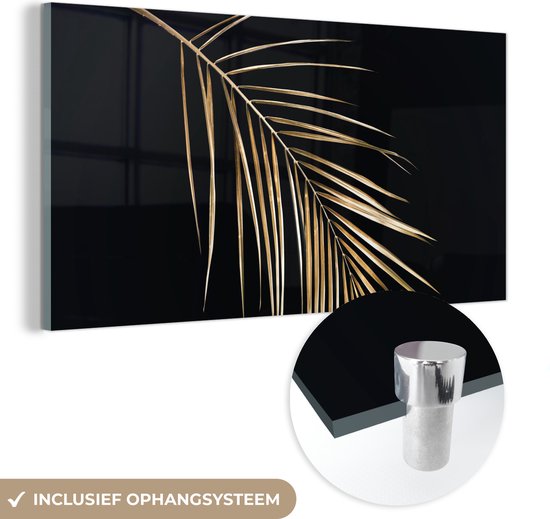 MuchoWow® Glasschilderij 80x40 cm - Schilderij acrylglas - Planten - Goud - Zwart - Bladeren - Luxe - Foto op glas - Schilderijen