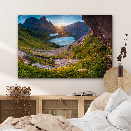 MuchoWow® Peinture sur verre 90x60 cm - Peinture sur verre acrylique - Alpes - Lac - Soleil - Photo sur verre - Peintures