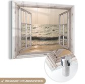 MuchoWow® Glasschilderij 180x120 cm - Schilderij acrylglas - Doorkijk - Zee - Strand - Foto op glas - Schilderijen
