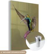 MuchoWow® Glasschilderij 90x120 cm - Schilderij acrylglas - Vogels - Kolibrie - Roze - Blauw - Foto op glas - Schilderijen