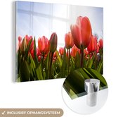 MuchoWow® Glasschilderij 150x100 cm - Schilderij acrylglas - Een veld vol met rode tulpen - Foto op glas - Schilderijen