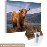 Highlander écossais près d'un beau lac Plexiglas 120x80 cm - Tirage photo sur Glas (décoration murale plexiglas)