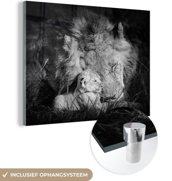 MuchoWow® Glasschilderij 40x30 cm - Schilderij acrylglas - Dierenprofiel leeuw met jong in zwart-wit - Foto op glas - Schilderijen