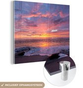 MuchoWow® Glasschilderij 90x90 cm - Schilderij acrylglas - Strand - Zee - Zonsondergang - Foto op glas - Schilderijen