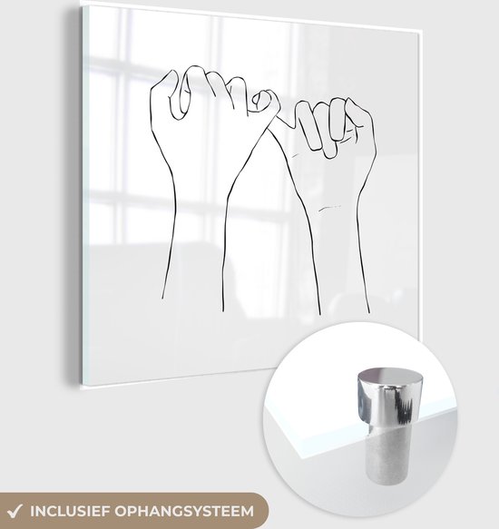 MuchoWow® Glasschilderij 50x50 cm - Schilderij acrylglas - Abstracte line art van twee handen met de pinken in elkaar vierkant - Foto op glas - Schilderijen