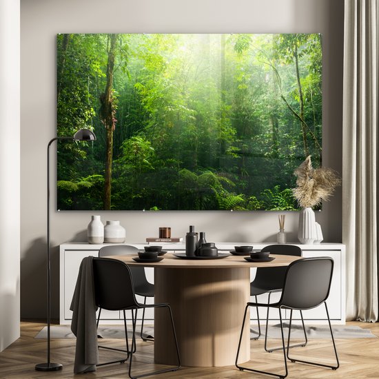 Peinture sur verre MuchoWow® 180x120 cm - Peinture acrylique sur verre - Jungle - Soleil - Vert - Filles - Enfants - Garçons - Photo sur verre - Peintures