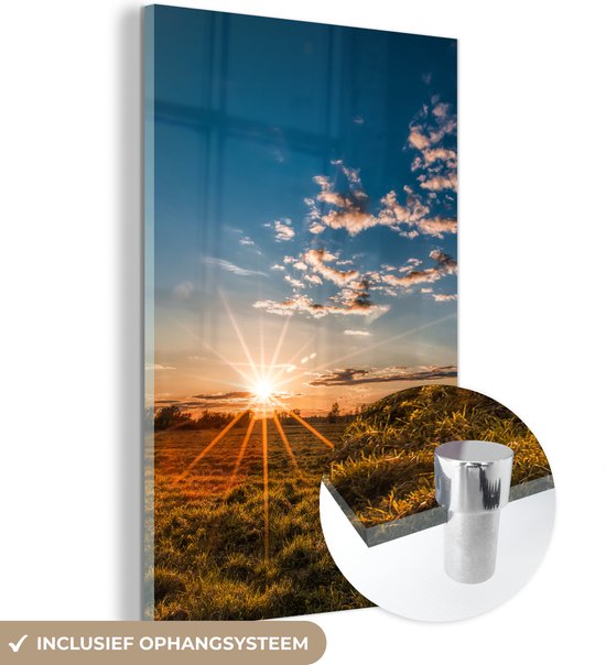 MuchoWow - Peinture sur verre - Photo sur verre - Herbe - Coucher de soleil - Nuages ​​- Nature - 40x60 cm - Décoration murale - Verre acrylique - Peinture nature - Peinture sur verre