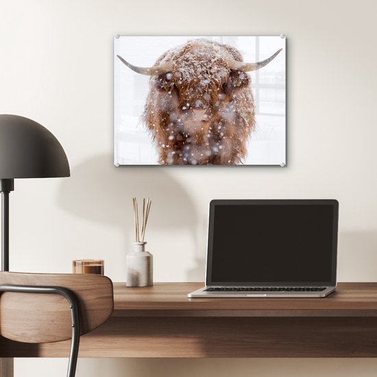 MuchoWow® Peinture sur Verre - Highlander écossais - Cornes - Neige - 40x30 cm - Peintures sur Verre Acrylique - Photo sur Glas