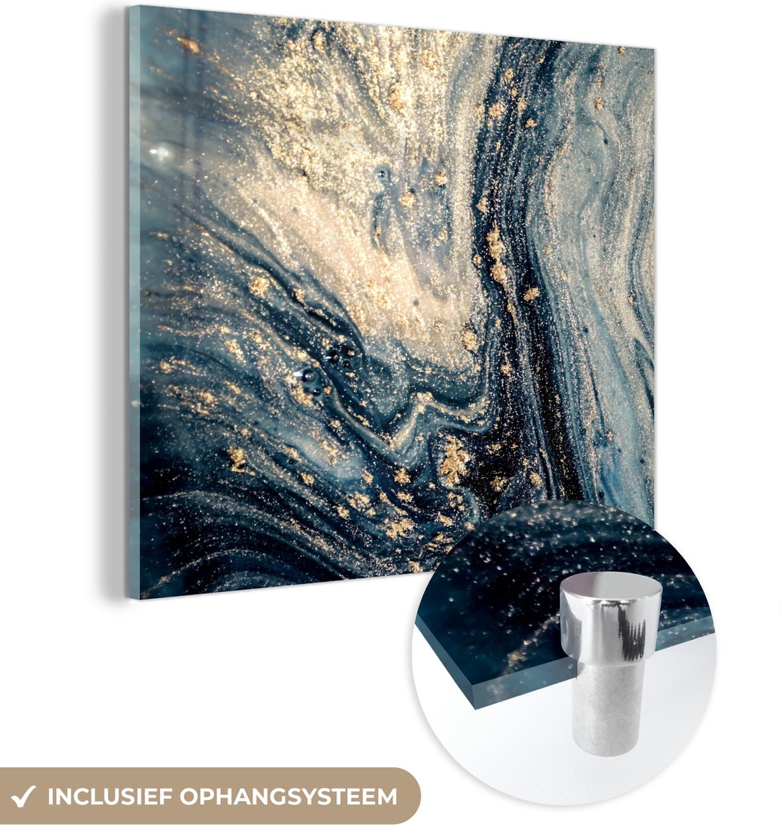 ® Glasschilderij 20x20 cm - Schilderij acrylglas - Marmer - Verf - Glitter - Goud - Foto op glas - Muurdecoratie woonkamer - Wanddecoratie slaapkamer - Schilderijen