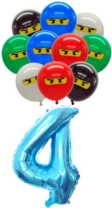 Lego Ninjago Ballonnen - Ninja Ballonnen Set 9 Stuks - Ninja Ballon Cijfer 4 - Ninja Ballon Vier Jaar - Ninja Themafeest - Kinderfeestje Ninja - Ninja