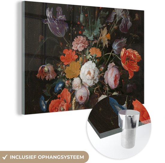 MuchoWow® Glasschilderij 120x80 cm - Schilderij acrylglas - Stilleven met bloemen en een horloge - Schilderij van Abraham Mignon - Foto op glas - Schilderijen