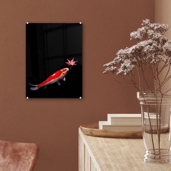 Peinture sur verre - Une carpe koï avec un étang sombre feuille d'érable - 30x40 cm - Peintures sur Verre Peintures - Photo sur Glas