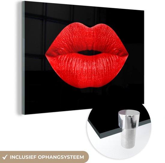 MuchoWow® Peinture sur verre 30x20 cm - Peinture sur verre acrylique - Lèvres - Rouge - Zwart - Photo sur verre - Peintures