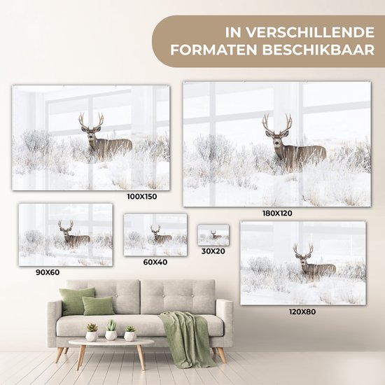 MuchoWow® Peinture sur Verre - Cerf - Hiver - Neige - Animaux - Saisons - Wit - 90x60 cm - Peintures sur Verre Peintures - Photo sur Glas