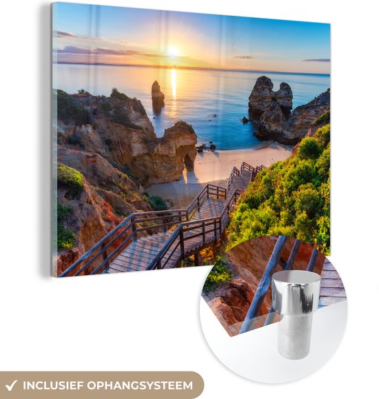 MuchoWow® Glasschilderij 160x120 cm - Schilderij acrylglas - Strand - Zee - Portugal - Foto op glas - Schilderijen