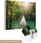 MuchoWow® Glasschilderij 160x120 cm - Schilderij acrylglas - Jungle - Water - Brug - Natuur - Planten - Foto op glas - Schilderijen