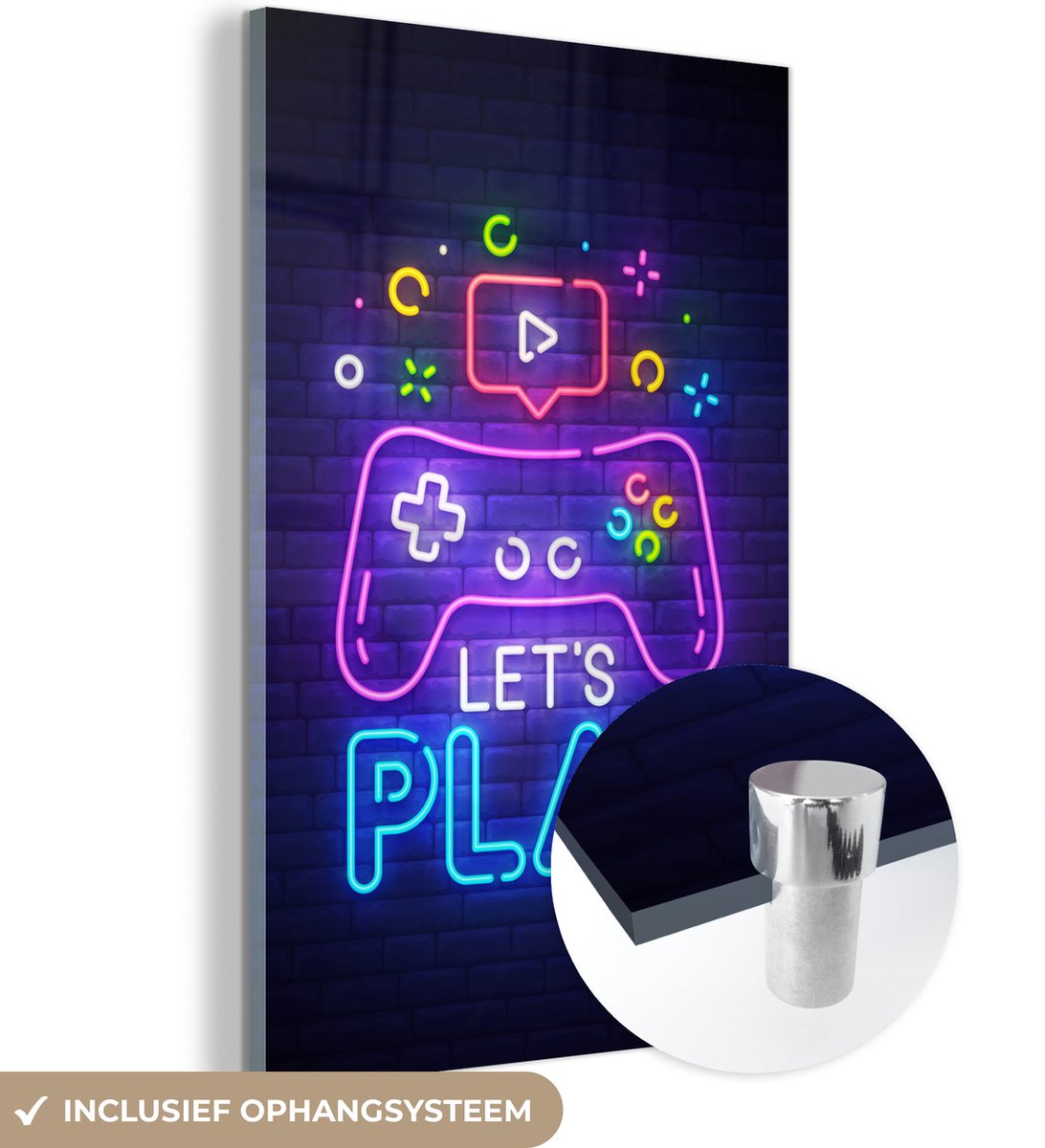MuchoWow® Glasschilderij 20x30 cm - Schilderij acrylglas - Gaming - Neon - Let's Play - Controller - Quotes - Foto op glas - Schilderijen