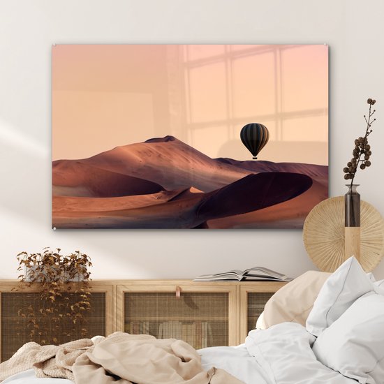 ® Glasschilderij 90x60 cm - Schilderij acrylglas - De zand duinen in het Namibische Namib-Naukluft park terwijl de zon ondergaat - Foto op glas - Muurdecoratie woonkamer - Wanddecoratie slaapkamer - Schilderijen